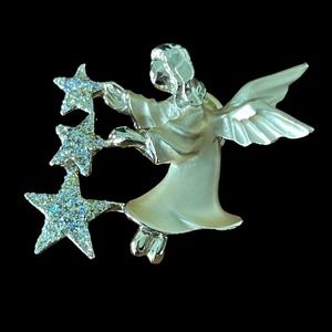 Vintage Gigio Giusti Angel Lapel Pin Brooch Opalescence Glitter Stars Gold Tone